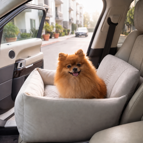 Pomeranian w beżowym foteliku samochodowym.png